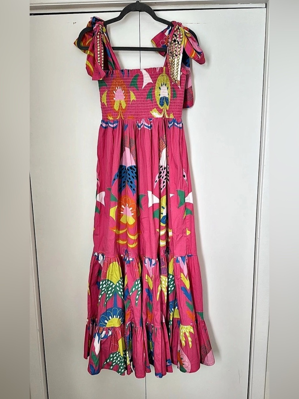 Sheridan French Kelly Maxi Dress Smocked Tiered Pink Floral Resort Boho Size L